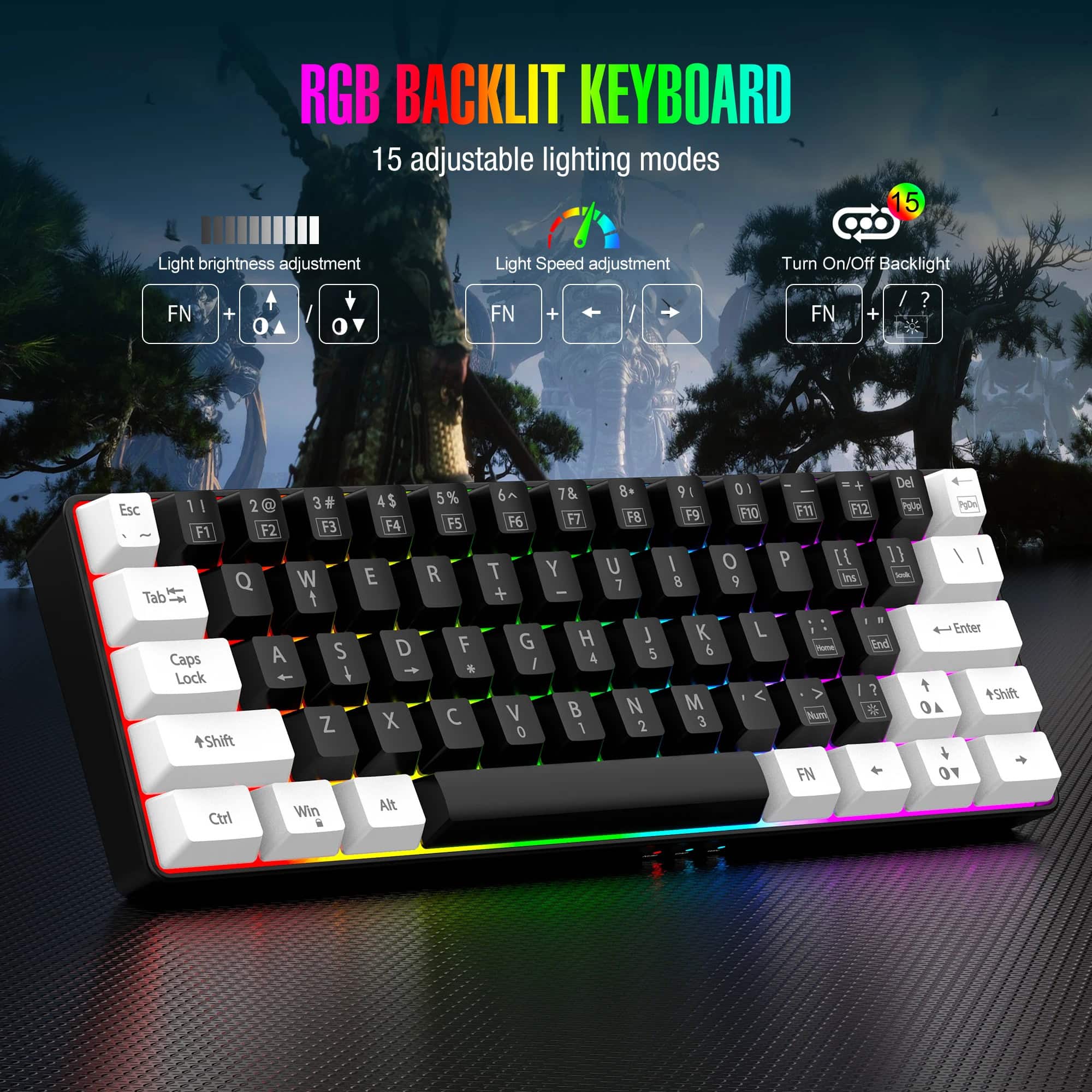 RGB backlit gaming keyboard with 15 adjustable lighting modes and customizable brightness and speed settings, featuring colorful backlight keys for enhanced gaming and typing experience.