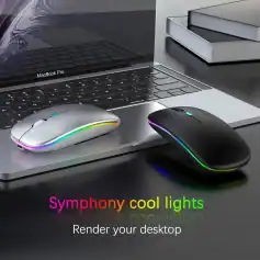 RGB illuminated wireless mice with colorful lighting for desk customization and aesthetics.