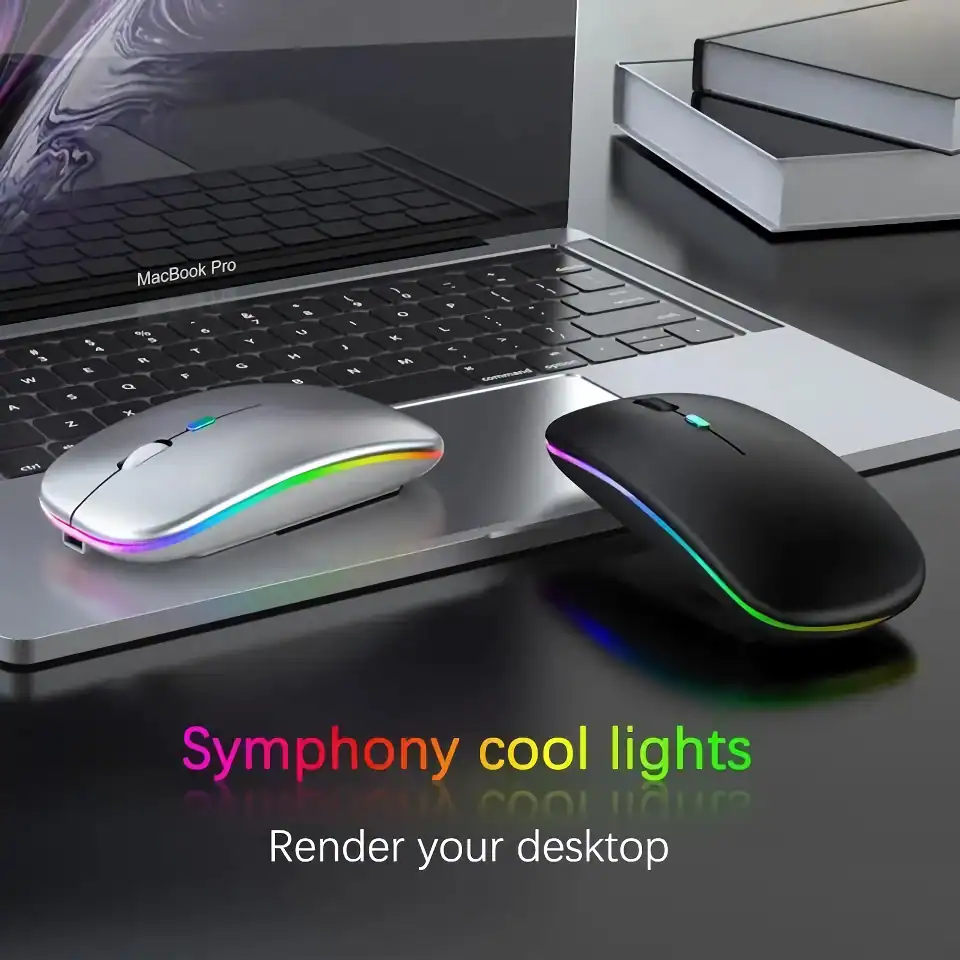 RGB illuminated wireless mice with colorful lighting for desk customization and aesthetics.