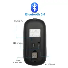 Wireless Bluetooth 5.0 mouse with 2.4G transmitter, ergonomic design, non-slip mat, suitable for computers and laptops, ideal for office and gaming setups.