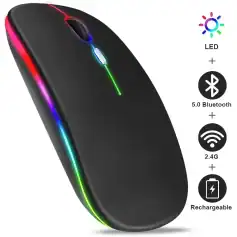 RGB illuminated wireless computer mouse with Bluetooth 5.0, 2.4G connectivity, rechargeable battery, and LED lighting for gaming and office use.