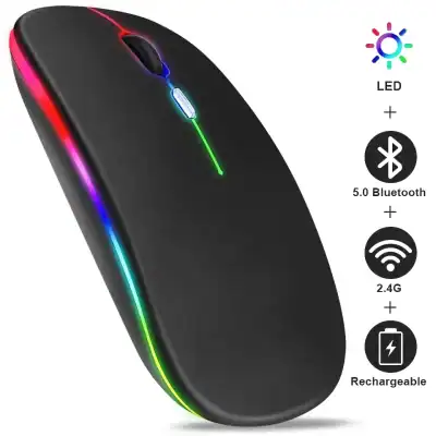 RGB illuminated wireless computer mouse with Bluetooth 5.0, 2.4G connectivity, rechargeable battery, and LED lighting for gaming and office use.