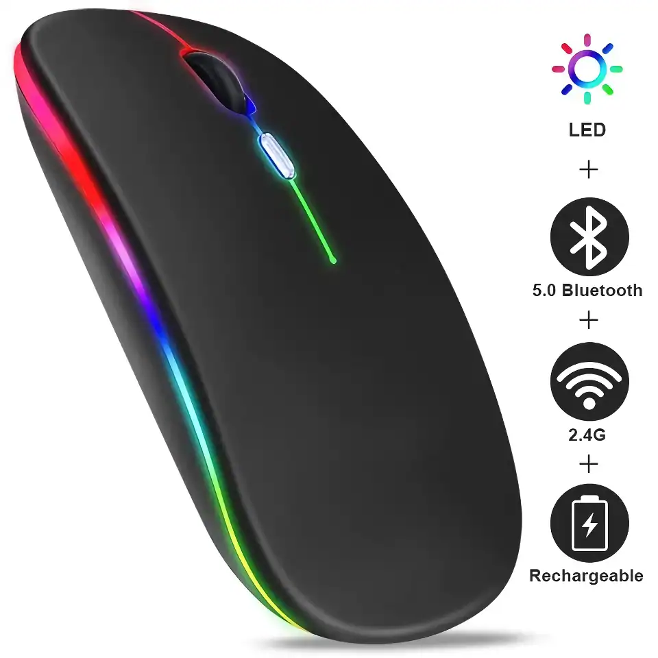 RGB illuminated wireless computer mouse with Bluetooth 5.0, 2.4G connectivity, rechargeable battery, and LED lighting for gaming and office use.