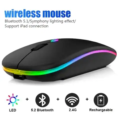 Wireless mouse with LED lighting, Bluetooth 5.2 connection, compatible with iPad, rechargeable, 2.4G wireless tech for seamless computer and tablet use.
