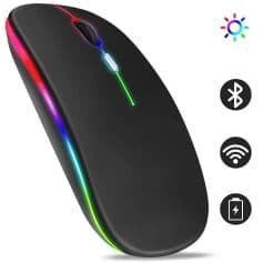Colorful RGB backlit wireless computer mouse with Bluetooth and Wi-Fi connectivity, rechargeable battery, and ergonomic design for enhanced user comfort and gaming performance.