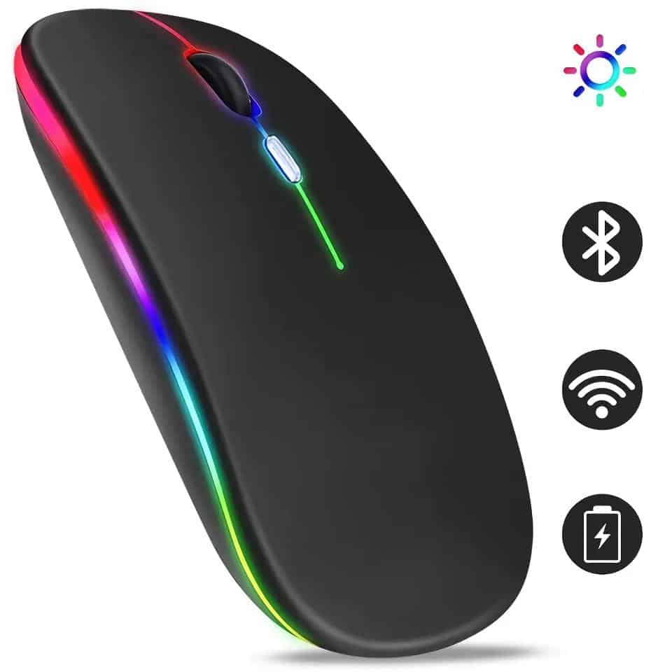 Colorful RGB backlit wireless computer mouse with Bluetooth and Wi-Fi connectivity, rechargeable battery, and ergonomic design for enhanced user comfort and gaming performance.