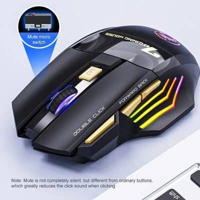 Wireless computer mouse with RGB lighting and multiple customizable buttons for gaming and office use.