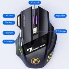 3. A black gaming mouse with customizable buttons and RGB lighting, featuring labeled functions such as left click, right click, DPI button, and scroll wheel for enhanced gaming performance.
