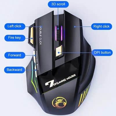 3. A black gaming mouse with customizable buttons and RGB lighting, featuring labeled functions such as left click, right click, DPI button, and scroll wheel for enhanced gaming performance.