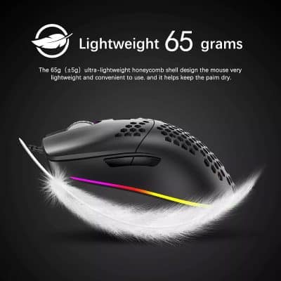 Lightweight 65g gaming mouse with honeycomb shell design for enhanced comfort and durability, perfect for gamers seeking high performance and long-lasting use.