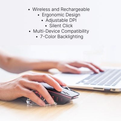Wireless ergonomic computer mouse with rechargeable features, customizable DPI, silent click, multi-device compatibility, and 7-color backlighting for enhanced user experience.
