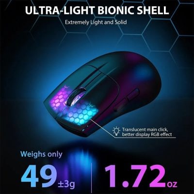 Wireless computer mouse with RGB lighting and honeycomb shell design for lightweight and stylish use.