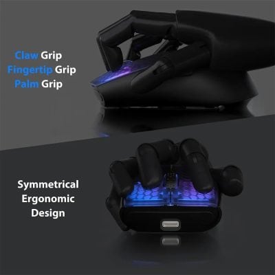 Wireless gaming controller with ergonomic design for comfortable grip, including claw, fingertip, palm grips, and customizable LED lighting, perfect for enhancing gaming experience.