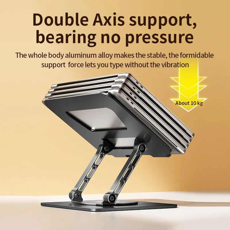 High-quality ergonomic laptop stand with adjustable double-axis support, aluminum alloy construction, and vibration-free typing, supporting up to 10kg for comfortable workspace.