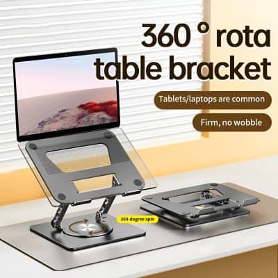 360° rotate table bracket for laptops and tablets, providing a stable, wobble-free support with 360-degree spinning functionality, ideal for enhanced device positioning and ergonomic workstation setup.