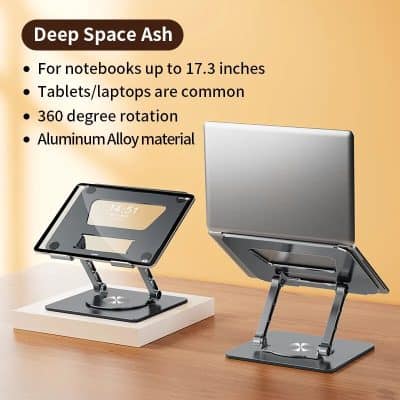 Deep Space Ash adjustable laptop stand for notebooks, tablets, and laptops up to 17.3 inches, featuring 360-degree rotation and aluminum alloy construction for ergonomic and versatile device elevation.