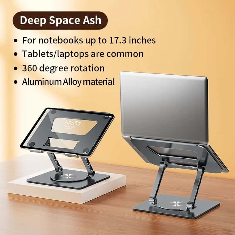 Deep Space Ash adjustable laptop stand for notebooks, tablets, and laptops up to 17.3 inches, featuring 360-degree rotation and aluminum alloy construction for ergonomic and versatile device elevation.
