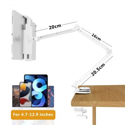 Adjustable monitor arm mount compatible with 4.7 to 12.9-inch screens, providing flexible ergonomic positioning for optimal eye health and workspace organization.