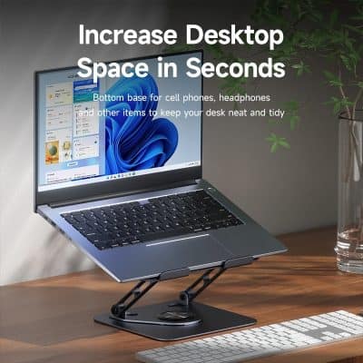 Ergonomic laptop stand for desk organization, increase workspace efficiency with adjustable height, compatible with various laptop sizes, ideal for home office setup and improved posture.