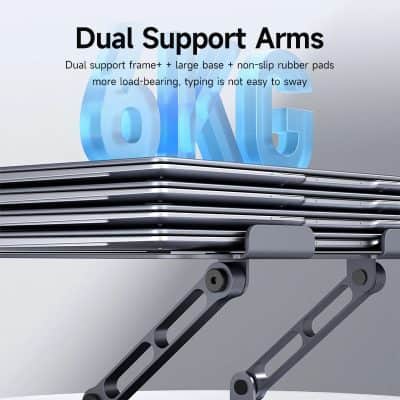 Dual support arms for laptops and devices with sturdy design and non-slip rubber pads, providing enhanced load-bearing stability for comfortable work setups.