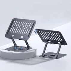 Adjustable ergonomic laptop stand for comfortable work setup, lightweight and modern design suitable for home and office use.