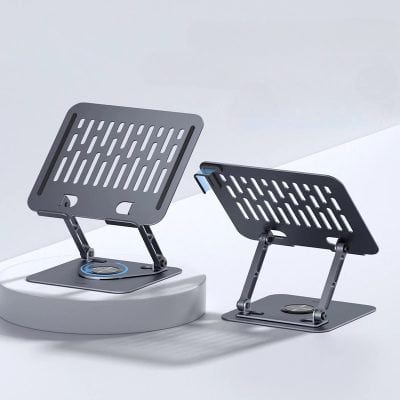 Adjustable ergonomic laptop stand for comfortable work setup, lightweight and modern design suitable for home and office use.