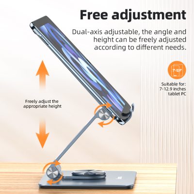 Adjustable tablet stand for 7-12.9 inch devices, featuring dual-axis tilt and height adjustment for ergonomic viewing, compatible with iPads, iPad Pro, and other tablet PCs.