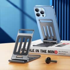 Wireless phone holder with foldable stand and magnetic clip for secure smartphone positioning. Compatible with various devices, stylish design, perfect for desk or on-the-go.