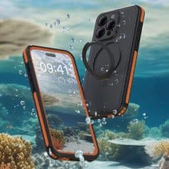 Waterproof rugged smartphone with case, floating in ocean, underwater scene, coral reef, sea life.