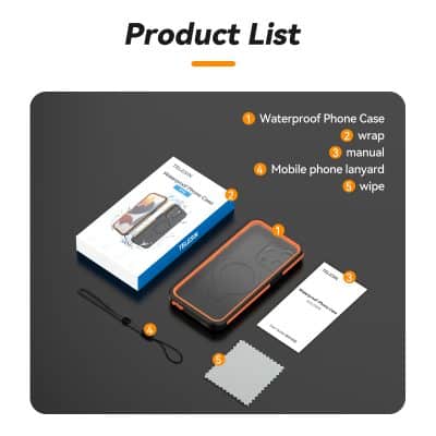 Waterproof phone case with orange trim, mobile phone lanyard, wipe, and user manual, designed for protection and convenience. Ideal for outdoor activities requiring durable, waterproof smartphone protection.