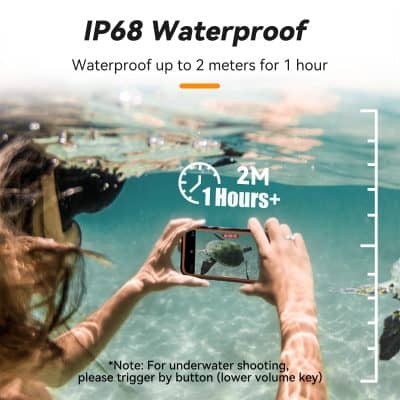 IP68 waterproof protection for underwater photography and videography.