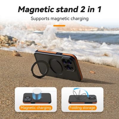 Magnetic stand 2 in 1 for smartphones supporting magnetic charging and folding storage, ideal for mobile device convenience and portability.