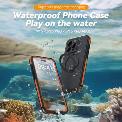 Shockproof waterproof phone case with magnetic charging support, designed for iPhone models, suitable for underwater use and water sports.