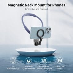 Magnetic neck mount for phones, innovative hands-free mobile device holder with shock absorption, magnetic quick-release, and all-in-one stand, ideal for comfortable usage.