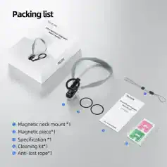 Magnetic smartphone neck mount for hands-free use and accessories, including magnetic pieces, cleaning kit, and anti-lost rope, designed for secure and convenient mobile device positioning.