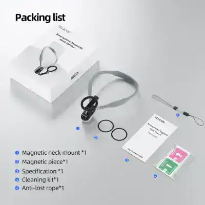 Magnetic smartphone neck mount for hands-free use and accessories, including magnetic pieces, cleaning kit, and anti-lost rope, designed for secure and convenient mobile device positioning.
