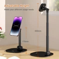 Adjustable height phone and tablet stand for ergonomic desk setup, 170mm to 300mm height, compatible with smartphones and tablets for convenient usage.