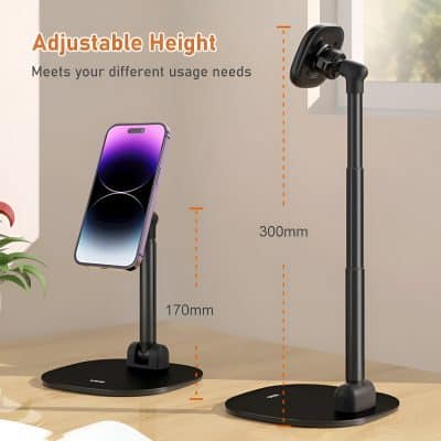 Adjustable height phone and tablet stand for ergonomic desk setup, 170mm to 300mm height, compatible with smartphones and tablets for convenient usage.