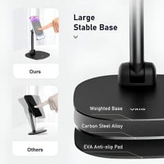 Adjustable phone stand with large stable carbon steel base for secure placement - ideal for vision correction and optometry displays.