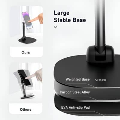 Adjustable phone stand with large stable carbon steel base for secure placement - ideal for vision correction and optometry displays.