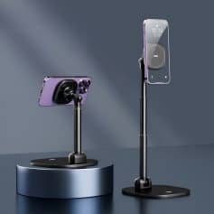 Wireless charging stand with smartphone and tablet, modern tech device for convenience and efficiency.