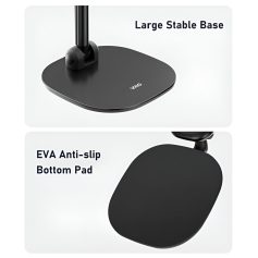 Sturdy black monitor stand with a large stable base for ergonomic workspace setup.