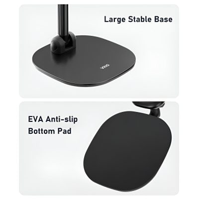 Sturdy black monitor stand with a large stable base for ergonomic workspace setup.