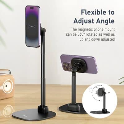 Adjustable magnetic phone stand for desk, 360-degree rotation, compatible with smartphones, ideal for hands-free calls and watching videos, perfect for offices and home use.