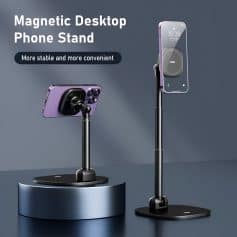 Magnetic desktop phone stand for iPhone and Android devices, adjustable tablet holder, ergonomic workspace accessory, compatible with monitors, portable phone and tablet mount for office or home.