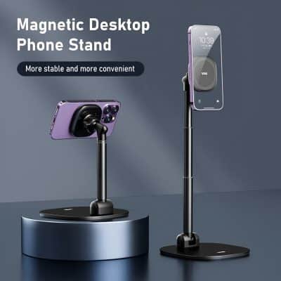Magnetic desktop phone stand for iPhone and Android devices, adjustable tablet holder, ergonomic workspace accessory, compatible with monitors, portable phone and tablet mount for office or home.