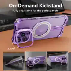 On-Demand Kickstand phone case with adjustable stand for perfect viewing angle, compatible with iPhone, stylish purple design, durable material for everyday use.