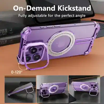 On-Demand Kickstand phone case with adjustable stand for perfect viewing angle, compatible with iPhone, stylish purple design, durable material for everyday use.