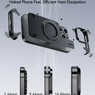 Thin bezel-less smartphone design with compact frame and efficient heat dissipation for enhanced user experience.