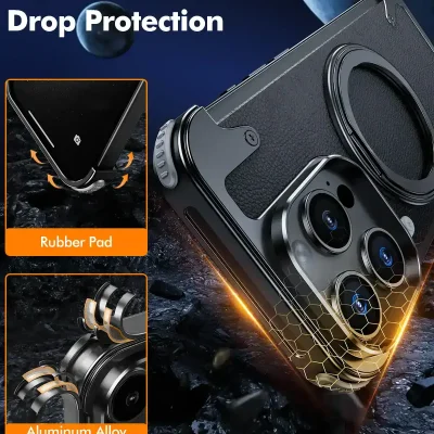 Shockproof phone case with rubber pad and aluminum alloy frame, designed for superior durability and drop protection on smartphones, ideal for outdoor and everyday use.